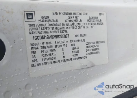 1998 Chevrolet Astro z USA, uszkodzony, nr VIN 1GCDM19WXWB205907